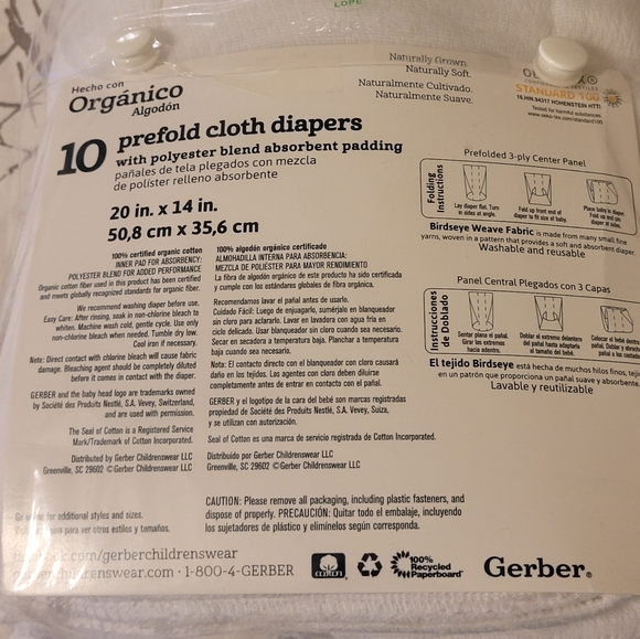 Gerber Cloth Diapers Organic 10 Pack - Picture 5 of 7